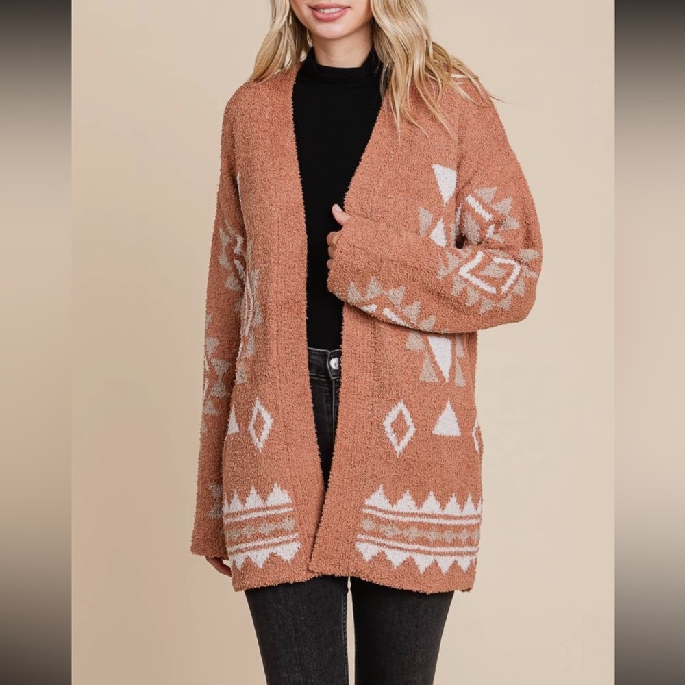 Very Soft and Puffy Open Front Cardigan Sweater Southwest Pattern Camel & White